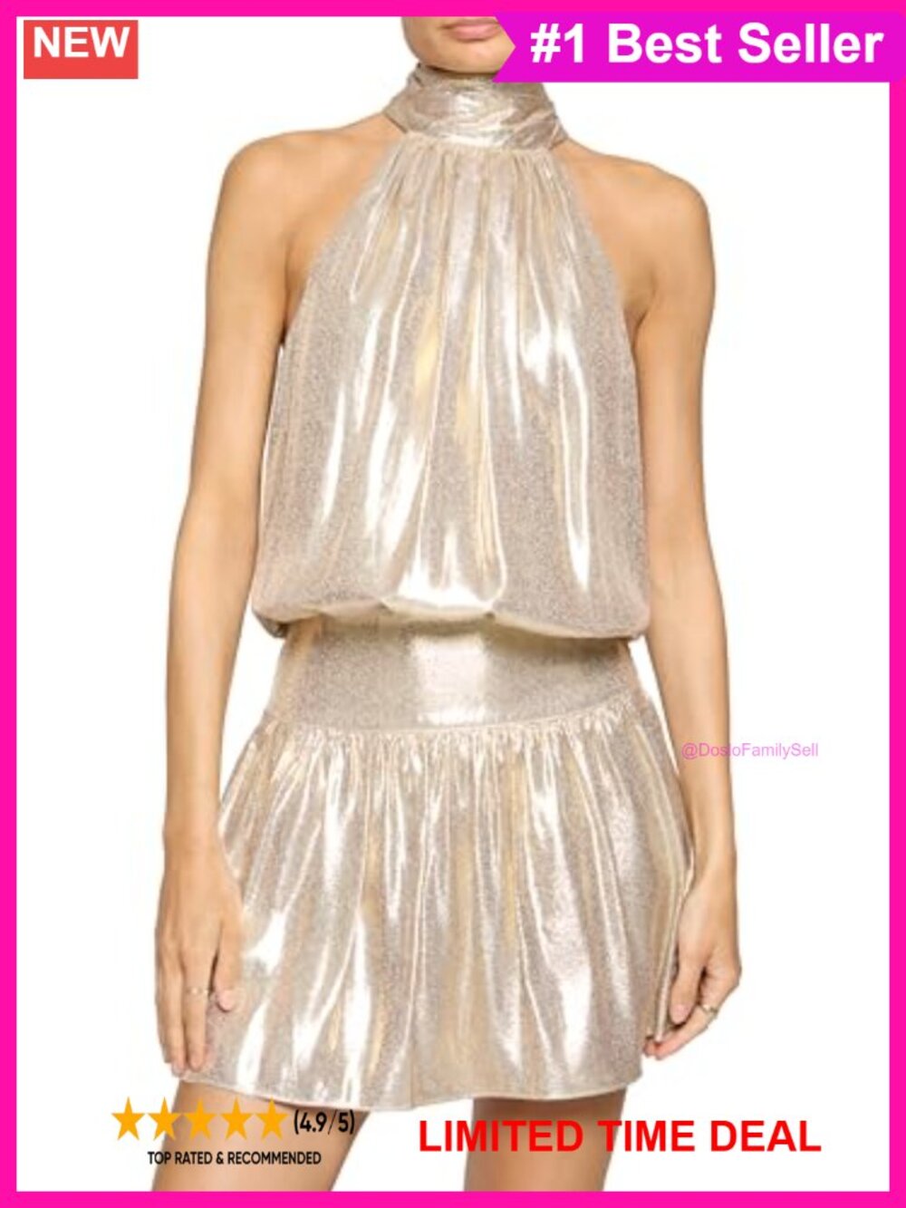 Metallic Blouson Halter Mini Dress Sleeveless Party Formal